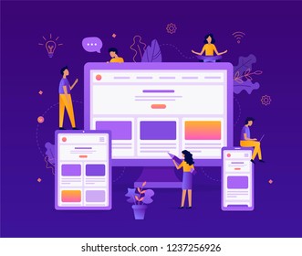Developers are testing an adaptive website on a tablet, computer and smartphone. Web development concept. Flat vector illustration.