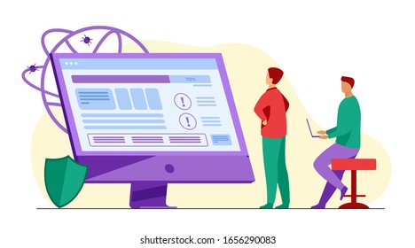 Developers testing software. Man with laptops watching infographics, fixing bugs, using computer. Vector illustration for application, programming, coding concept