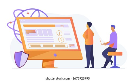 Developers testing software. Man with laptops watching infographics, fixing bugs, using computer. Vector illustration for application, programming, coding concept