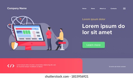 Developers testing software. Man with laptops watching infographics, fixing bugs, using computer. Vector illustration for application, programming, coding concept