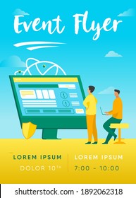 Developers testing software. Man with laptops watching infographics, fixing bugs, using computer. Vector illustration for application, programming, coding concept