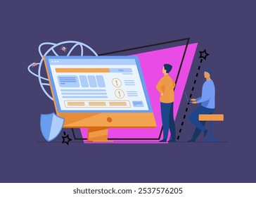 Developers testing software. Man with laptops watching infographics, fixing bugs, using computer. Vector illustration for application, programming, coding concept