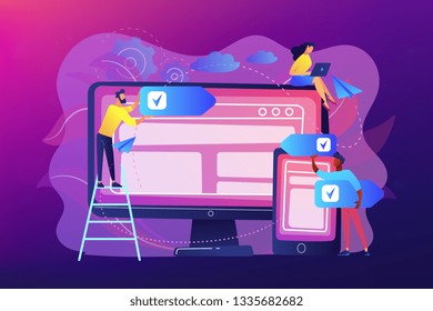 Developers use software on devices. Cross-platform software, multi-platform and platform-independent software concept on ultraviolet background. Bright vibrant violet vector isolated illustration