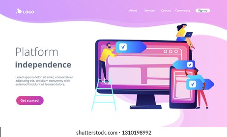 Los desarrolladores utilizan software en varios dispositivos. Software multiplataforma, concepto de software multiplataforma e independiente de plataforma en fondo blanco. Plantilla de página web de aterrizaje violeta vibrante del sitio web.