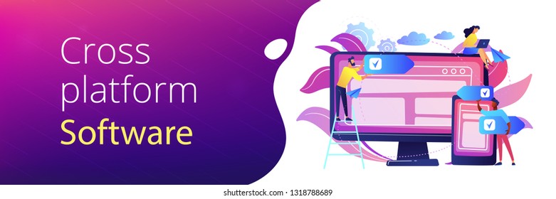 Developers use software on multiple devices. Cross-platform software, multi-platform and platform-independent software concept on white background. Header or footer banner template with copy space.