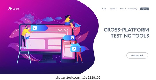 Developers use software on multiple devices. Cross-platform software, multi-platform and platform-independent software concept on white background. Website vibrant violet landing web page template.