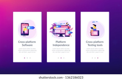 Developers use software on multiple devices. Cross-platform software, multi-platform and platform-independent software concept on white background. Mobile UI UX GUI template, app interface wireframe