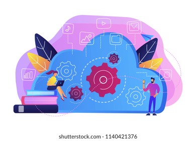 Developers using laptop and smartphone working with cloud data. Multimedia and big data architecture, database, cloud computing, cloud platform concept, violet palette. Vector isolated illustration.