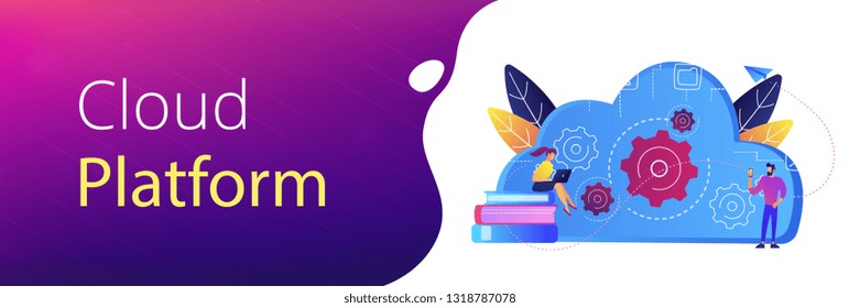 Developers using laptop and smartphone working with cloud data. Multimedia and big data architecture, database, cloud computing, cloud platform concept, violet palette. Header, footer banner template.