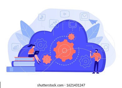 Developers Using Laptop And Smartphone Working With Cloud Data. Multimedia And Big Data Architecture, Database, Cloud Computing, Cloud Platform Concept. Vector Isolated Illustration.