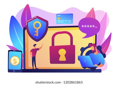 Developers work on cyber security program. Cyber security software, information security program and antivirus concept on white background. Bright vibrant violet vector isolated illustration