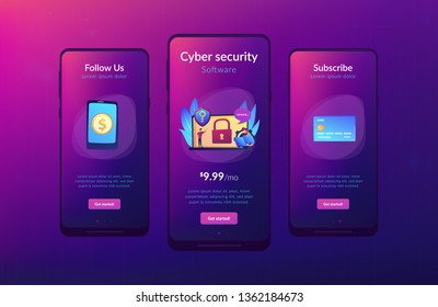 Developers work on cyber security program. Cyber security software, information security program and antivirus concept on white background. Mobile UI UX GUI template, app interface wireframe