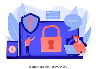 Developers work on cyber security program. Cyber security software, information security program and antivirus concept on white background. Pinkish coral bluevector isolated illustration