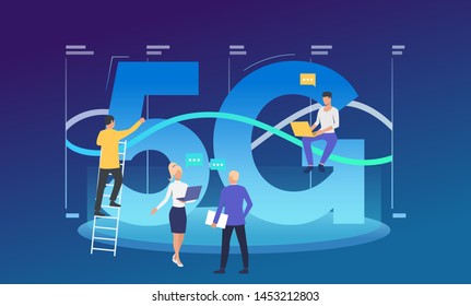 Developers working on 5G network. High speed connection, team, wifi. Technology concept. Vector illustration can be used for topics like fifth generation, cellular network, communication