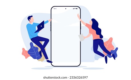 Developers working - Two people flying and doing work on blank smartphone screen mockup. Flat design vector illustration with white background