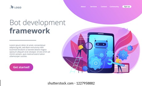 Developers with wrench work on chatbot application development. Chatbot app development, bot development framework, chatbot programming concept. Website vibrant violet landing web page template.