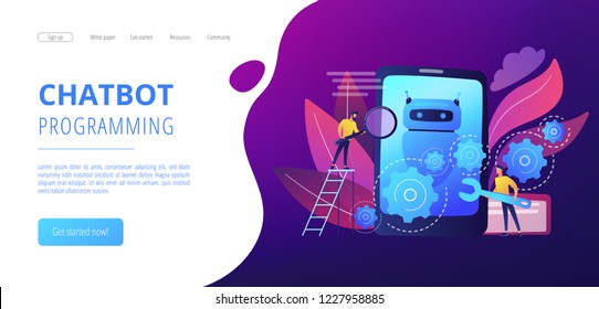 Developers with wrench work on chatbot application development. Chatbot app development, bot development framework, chatbot programming concept. Website vibrant violet landing web page template.