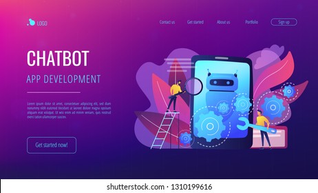 Developers with wrench work on chatbot application development. Chatbot app development, bot development framework, chatbot programming concept. Website vibrant violet landing web page template.
