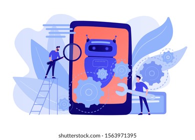 Developers with wrench work on chatbot application development. Chatbot app development, bot development framework, chatbot programming concept. Pinkish coral bluevector isolated illustration