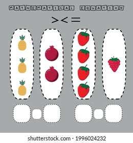Developing activities for children, compare which more fruites fresh raspberries, strawberries, pomegranate and pineapples. Logic game for children, mathematical inequalities.