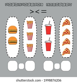 Developing activities for children, compare which more  burger with salad, french fries, pizza margarita and disposable red cup with hook and straw . Logic game for children, mathematical inequalities