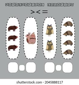 Developing activities for children, compare which more hedgehog, squirrel, bear, owl. Logic game for children, mathematical inequalities.
