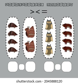 Developing activities for children, compare which more hedgehog, squirrel, bear, owl. Logic game for children, mathematical inequalities.