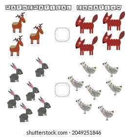 Developing activities for children, compare which more deer, foxes, birds, rabbits. Logic game for children, mathematical inequalities.
