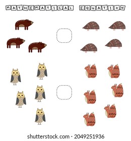 Developing activities for children, compare which more hedgehog, squirrel, bear, owl. Logic game for children, mathematical inequalities.