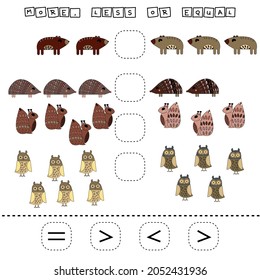 Developing activities for children, compare which more hedgehog, squirrel, bear, owl. Logic game for children, mathematical inequalities.