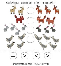 Developing activities for children, compare which more deer, foxes, birds, rabbits. Logic game for children, mathematical inequalities.