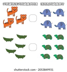 Developing activities for children, compare which more  turtles, elephants, tigers, crocodiles. Logic game for children, mathematical inequalities.