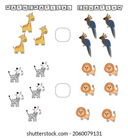 Developing activities for children, compare which more  giraffes, parrots, zebras, lions. Logic game for children, mathematical inequalities.