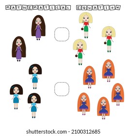 Developing activities for children, compare which more  dolls. Logic game for children, mathematical inequalities.

