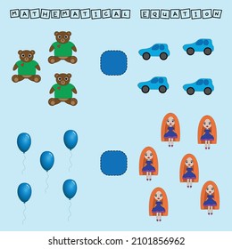 Developing activities for children, compare which more  toys. Logic game for children, mathematical inequalities.
