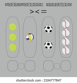 Developing activities for children, compare which more volleyball, tennis, soccer and baseball balls . Logic game for children, mathematical inequalities.


