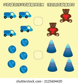 Developing activities for children, compare which more  toys. Logic game for children, mathematical inequalities.
