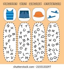 Developing activities for children, compare which more t-shirt. panama, short, flip flop . Logic game for children, mathematical inequalities.