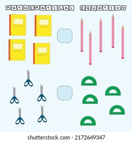 Developing activities for children, compare which more stationery school. Logic game for children, mathematical inequalities.