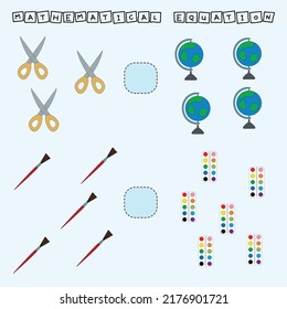 Developing activities for children, compare which more stationery school. Logic game for children, mathematical inequalities.