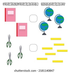 Developing activities for children, compare which more stationery school. Logic game for children, mathematical inequalities.