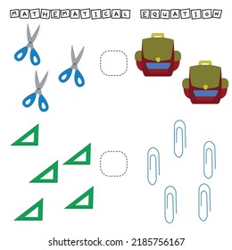 Developing activities for children, compare which more stationery school. Logic game for children, mathematical inequalities.