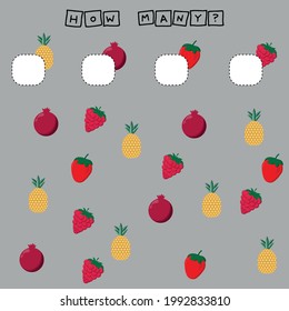 Developing activities for children, count as many  fruites fresh  raspberries, strawberries, pomegranates and pineapples. Logic game for children.
