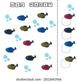 Developing activities for children, count as many  colorful cute  fishes. Logic game for children.