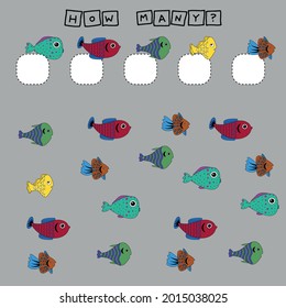 Developing activities for children, count as many  colorful cute  fishes. Logic game for children.