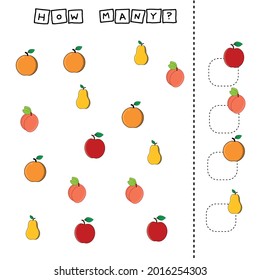 Developing activities for children, count as many  colorful fruites orange, apple, peach, pear. Logic game for children.