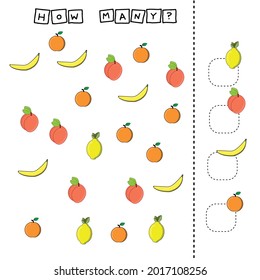 Developing activities for children, count as many  colorful fruites orange, lemon, peach, banana. Logic game for children.