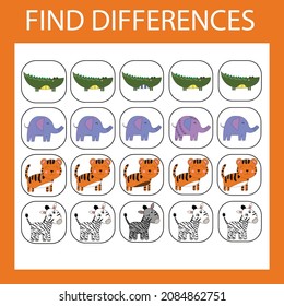 Developing activity for children - find the difference. Logic game for children. Find an extra pets tigers, elephants, zebras, crocodiles