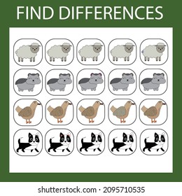 Developing activity for children - find the difference. Logic game for children. Find an extra pets sheeps, hamsters, chickens, dogs