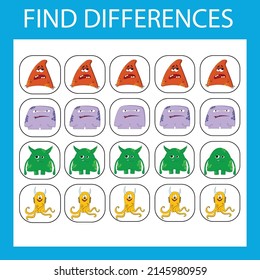 Developing activity for children - find the difference. Logic game for children. Find an extra monsters